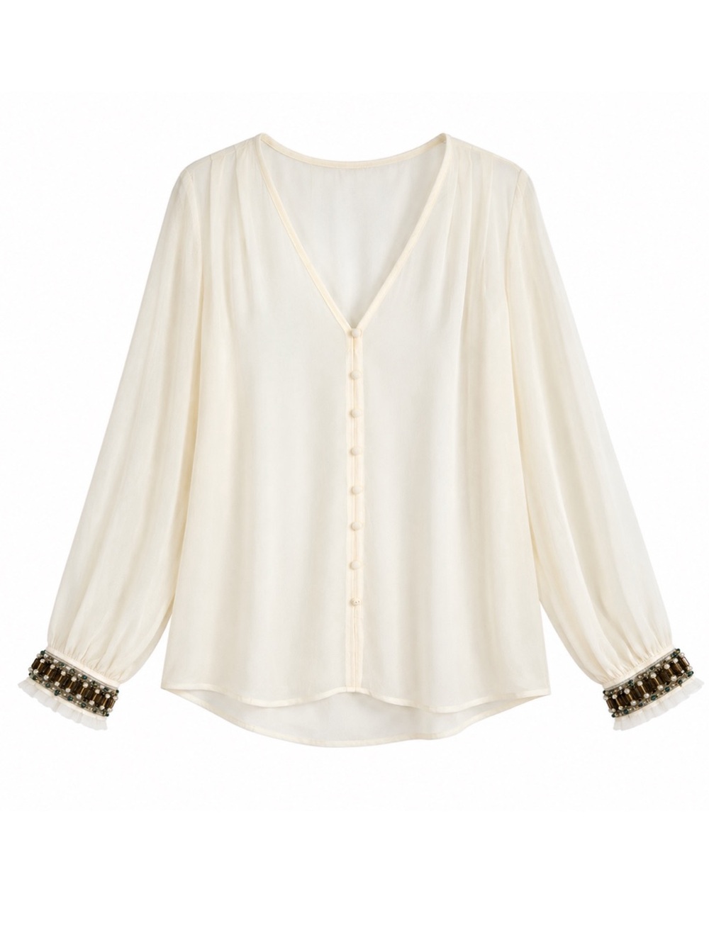 Ellen Tracy Sheer White V-Neck Bedazzled Sleeve Blouse Womens Size XL 16/18